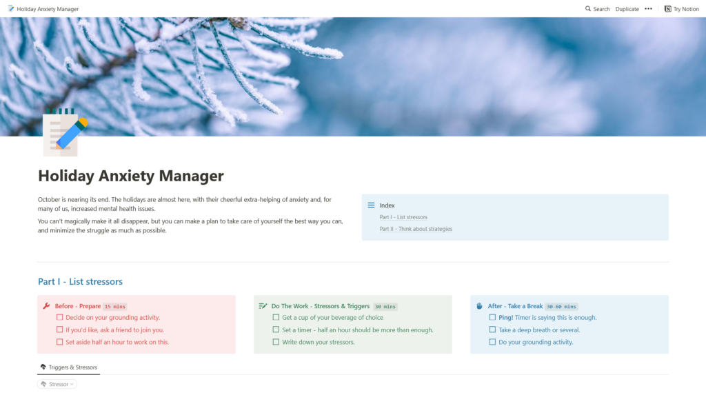 Screenshot of the Holiday Anxiety Manager Notion template