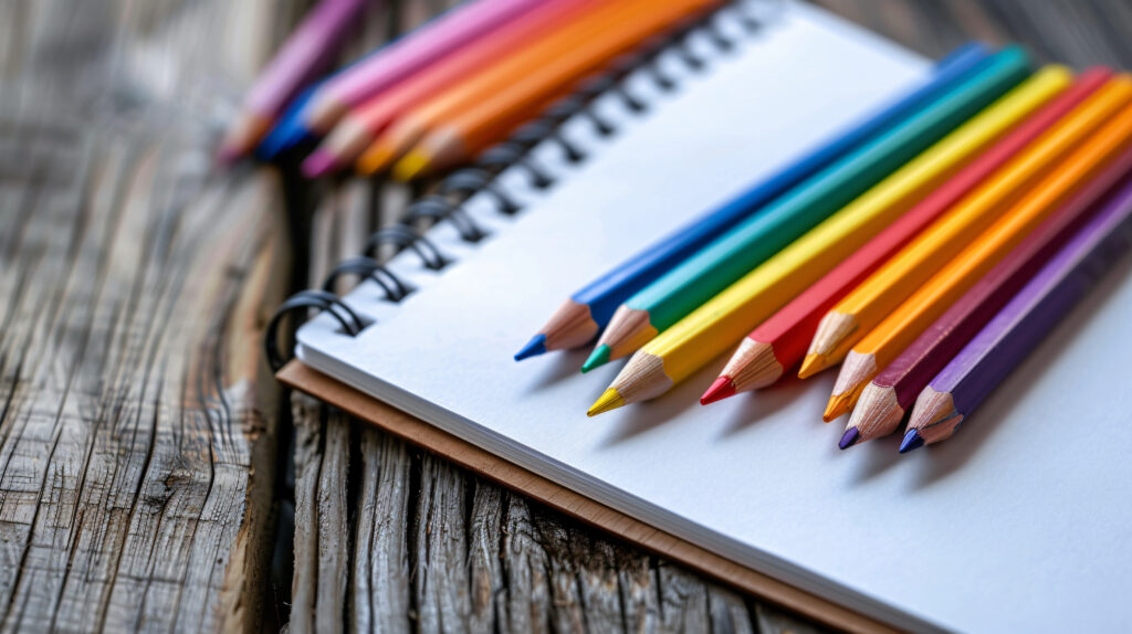 Blank notebook and a bunch of colorful pencils over a wooden table, 