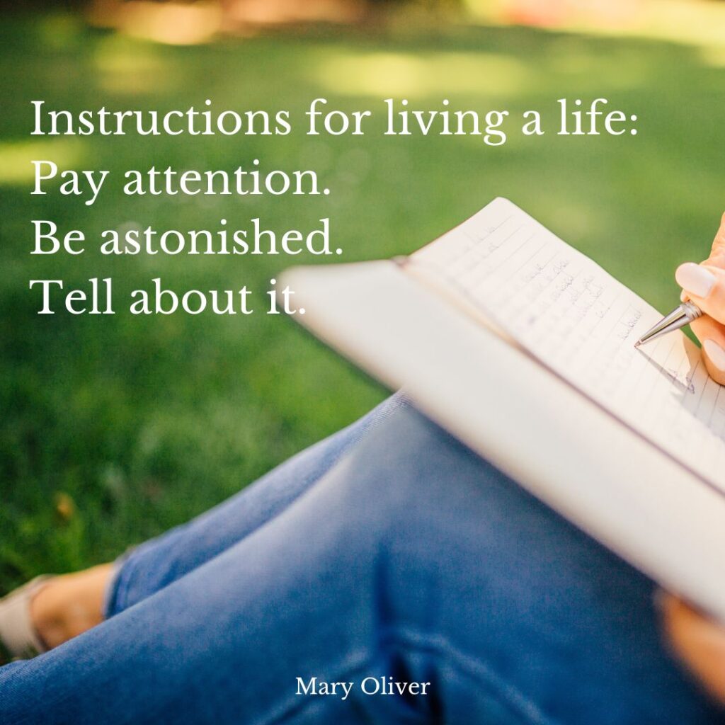 Close-up of a person wearing jeans, sitting in the grass, with a journal open over their knees. Overlay text says “Instructions for living a life: Pay attention. Be astonished. Tell about it.” ―Mary Oliver