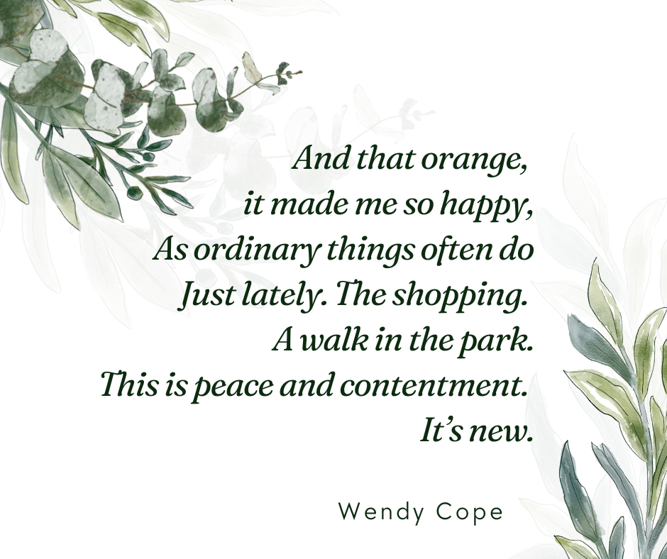 And that orange, it made me so happy,
As ordinary things often do
Just lately. The shopping. A walk in the park.
This is peace and contentment. It’s new.